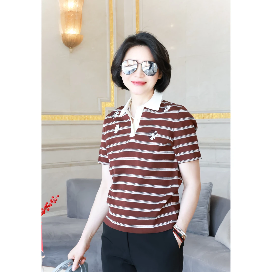 我是摩羯 爱兰德polo衫 75S2新疆长绒棉条纹手绣立体花朵针织短袖