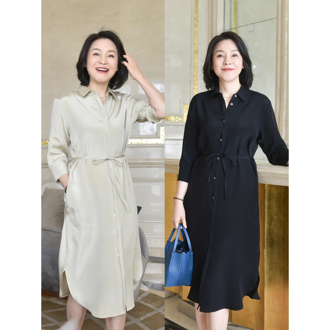 我是摩羯 优雅格调 22姆米弹力桑蚕丝真丝系带翻领百搭气质连衣裙