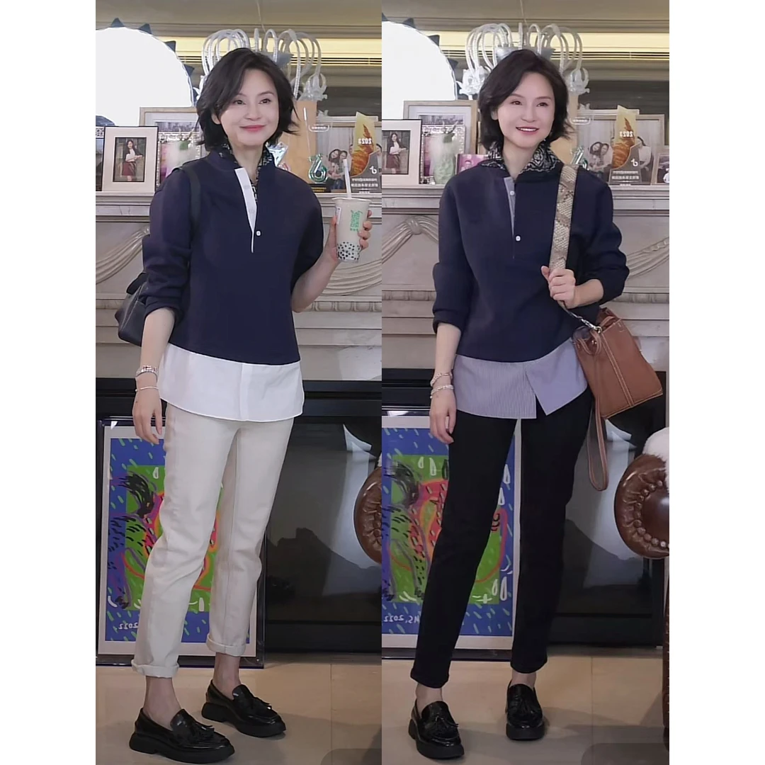 我是摩羯 马球俱乐部 时尚休闲百搭拼色绣花长袖假两件棉卫衣上衣