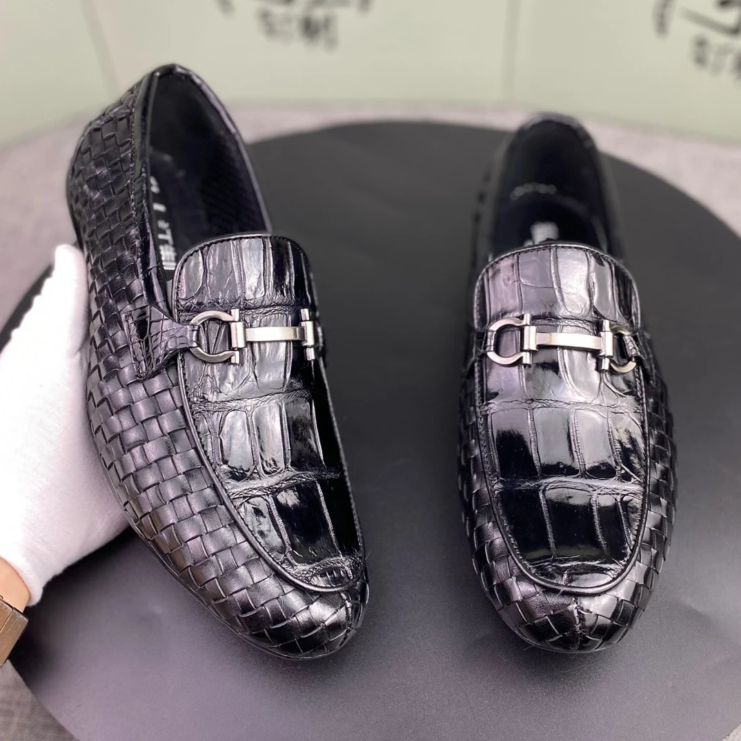 2024新款春夏潮流百搭编织一脚蹬英伦休闲时尚皮鞋手工男士豆豆鞋