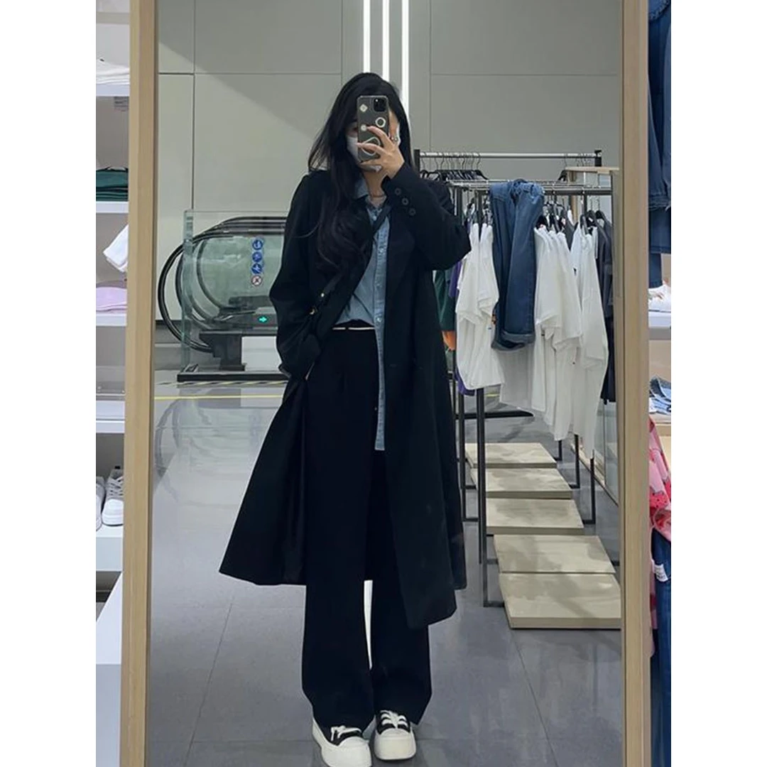 L高级感大码微胖妹妹英伦复古宽松显瘦西装过膝休闲风衣外套女春