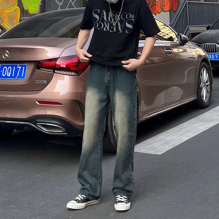 K11复古蓝直筒牛仔裤男新款水洗做旧磨白美式潮牌高街休闲长裤子