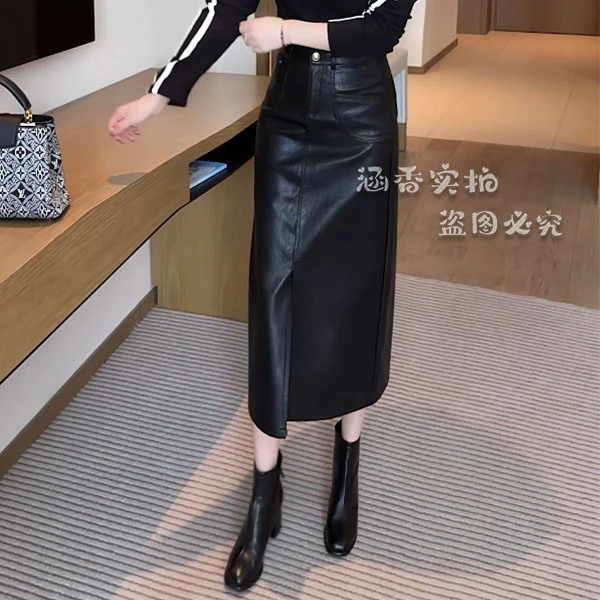 起素品牌    秋季新款时尚皮裙中长款高腰显瘦美拉德半身裙 8808