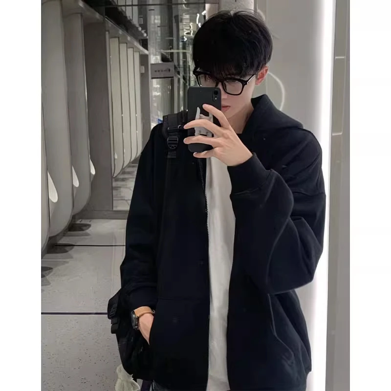 春秋季潮流ins风纯色基础款开衫连帽卫衣男美式宽松薄款拉链外套