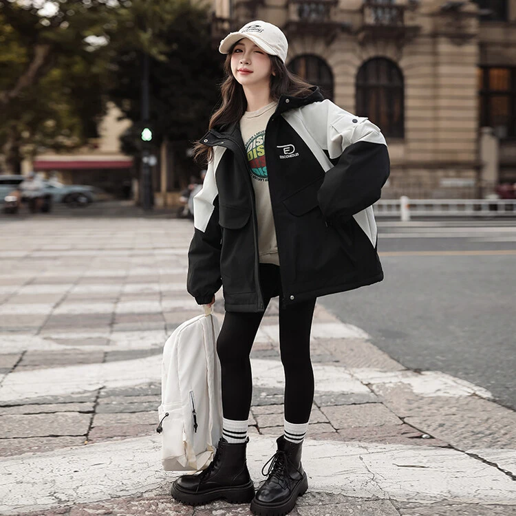 女孩秋冬外套2024新款夹棉保暖风衣时尚连帽拼色洋气女童棉衣