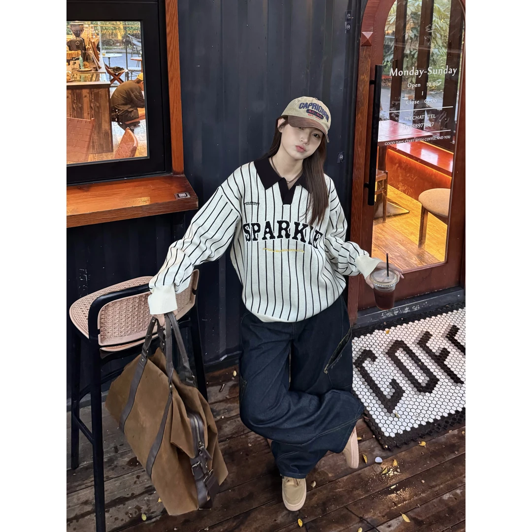 美式复古字母提花V领毛衣男女生秋冬季拼色条纹休闲运动针织上衣