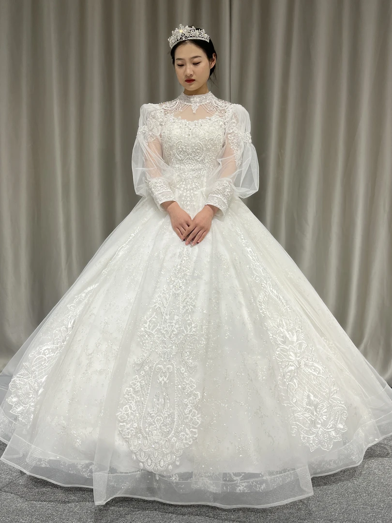 9621宫廷风蕾丝婚纱气质齐地半高领长袖法式结婚婚纱晚礼服奢华