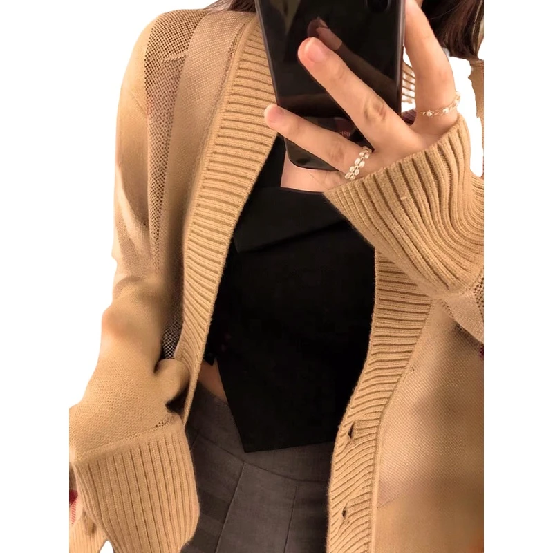 现场 卡其色格子毛衣休闲开衫外套