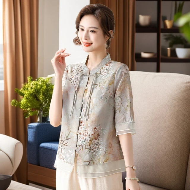 妈妈装夏装2024新款衬衣洋气短袖衬衫中老年女夏季新中式国风上衣