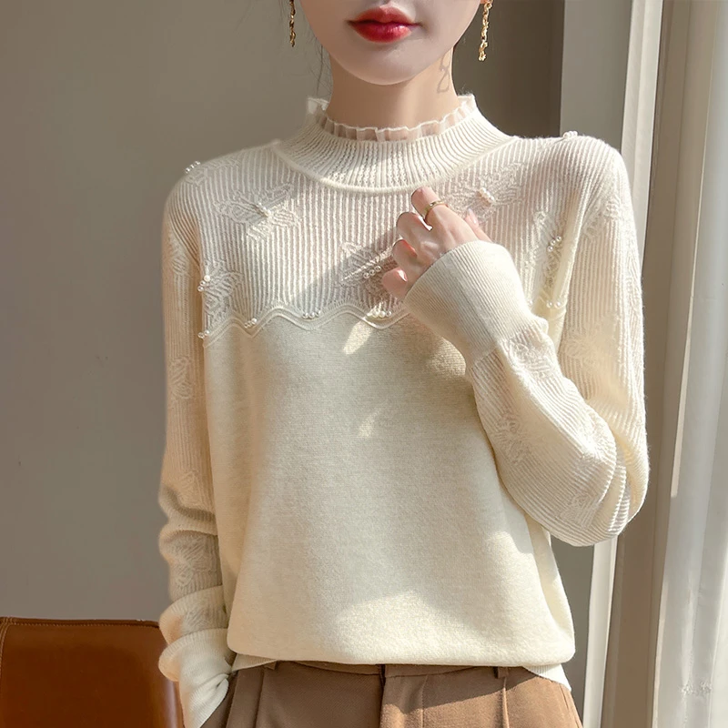 格雷系穿搭欧根纱拼接木耳领针织衫毛衣女秋冬立体钩花打底衫内搭