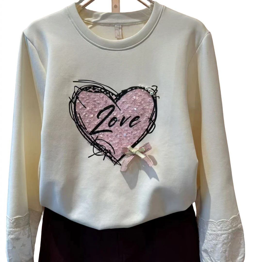 桐然精选020#秋季新款韩版港味时尚心形蕾丝拼接长袖套头卫衣上衣