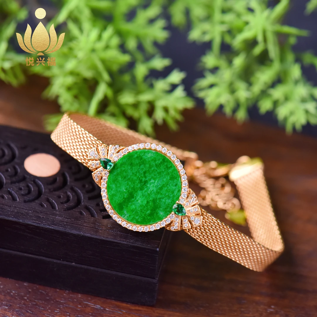缅甸A货翡翠S925银气质百搭复古满绿翡翠圆牌手表手链多样性发