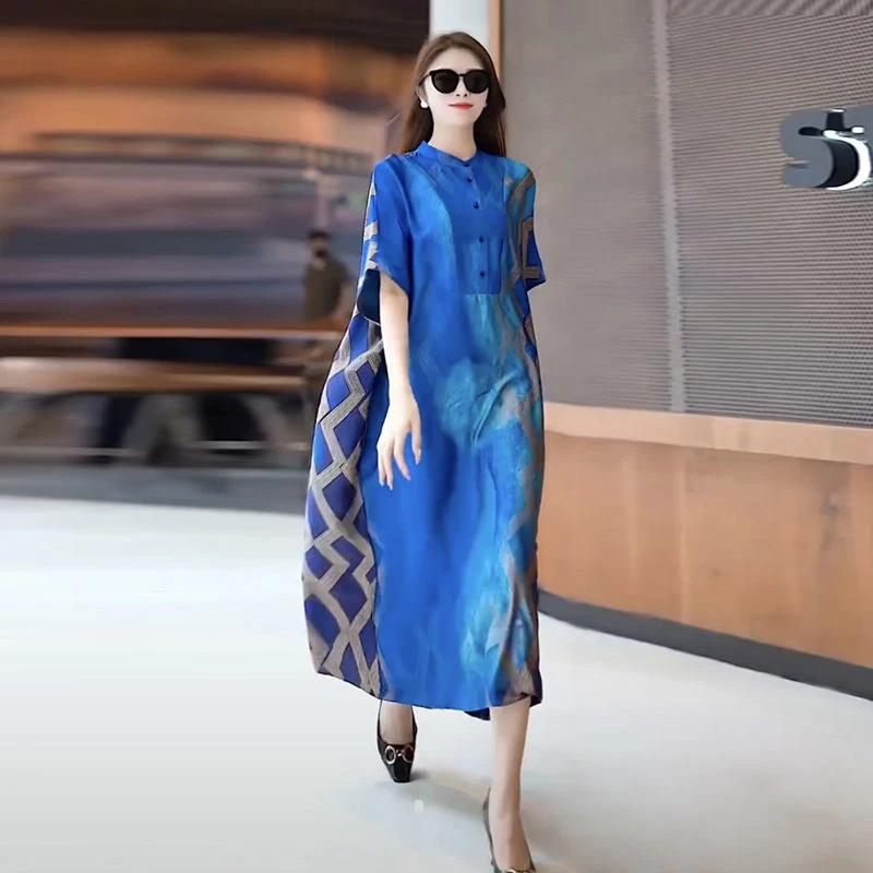 过膝气质连衣裙2025夏季新款大码宽松时尚洋气遮肚显瘦减龄中长裙