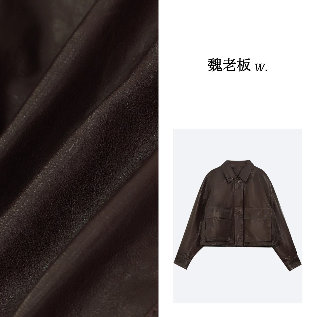 W.Diva【红雨】极简风时尚品质复古短款山羊皮夹克外套3C30Y2467