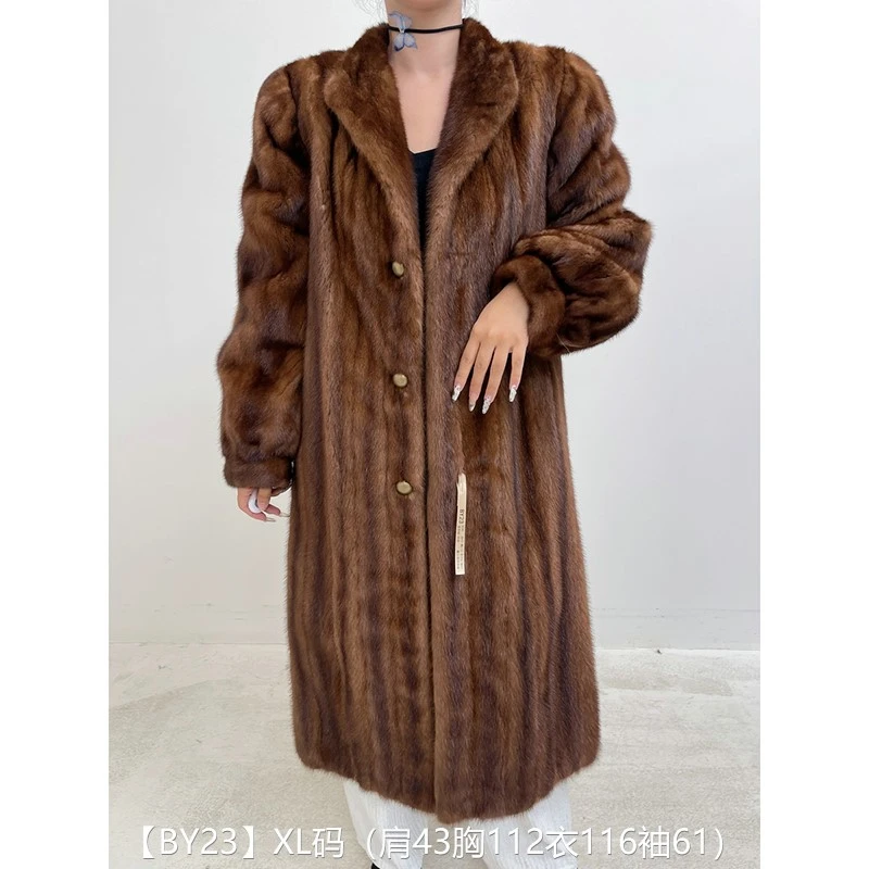【BY23】XL码 蜜茶棕全抽超长款貂皮大衣皮草外套 翻立领挽袖