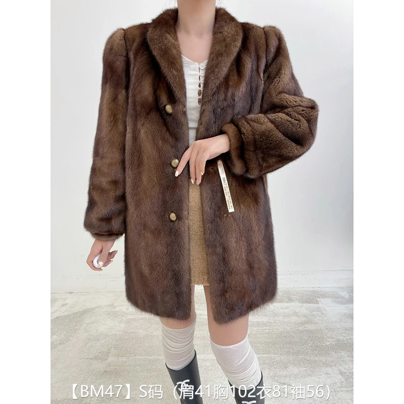 【BM47】S码 冷茶棕全抽中长款貂皮大衣皮草外套 青果领泡泡袖