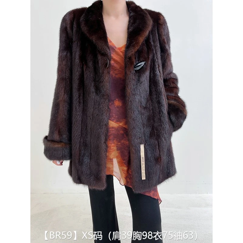 【BR59】XS码 焦糖棕全抽竖条中长款貂皮大衣皮草外套 翻立领挽袖