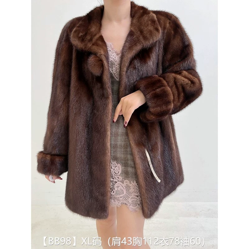 【BB98】XL码 焦糖棕全抽中长款貂皮大衣皮草外套 翻领挽袖
