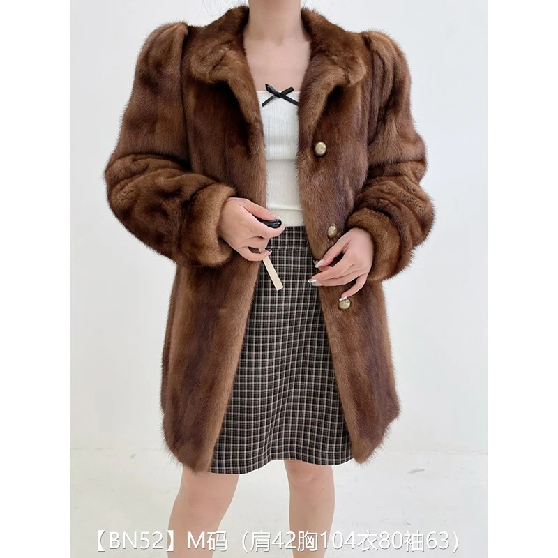 【BN52】M码 蜜茶棕全抽中长款貂皮大衣皮草外套 翻领泡泡袖
