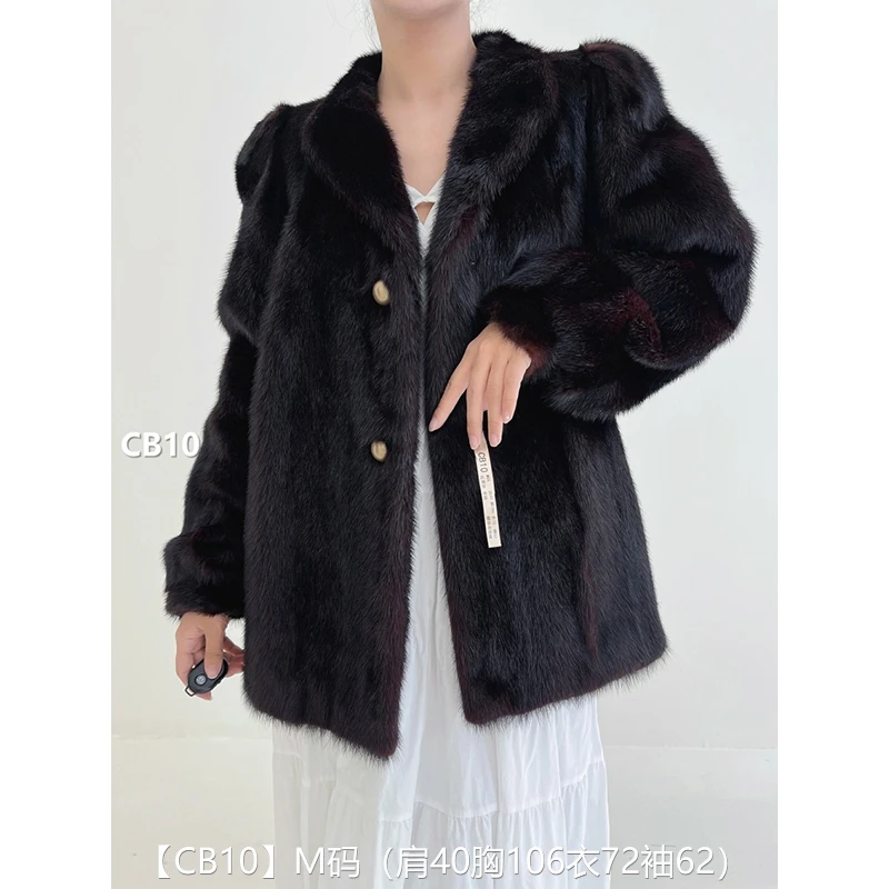 【CB10】M码 红黑色全抽短款貂皮大衣皮草外套 翻领泡泡袖