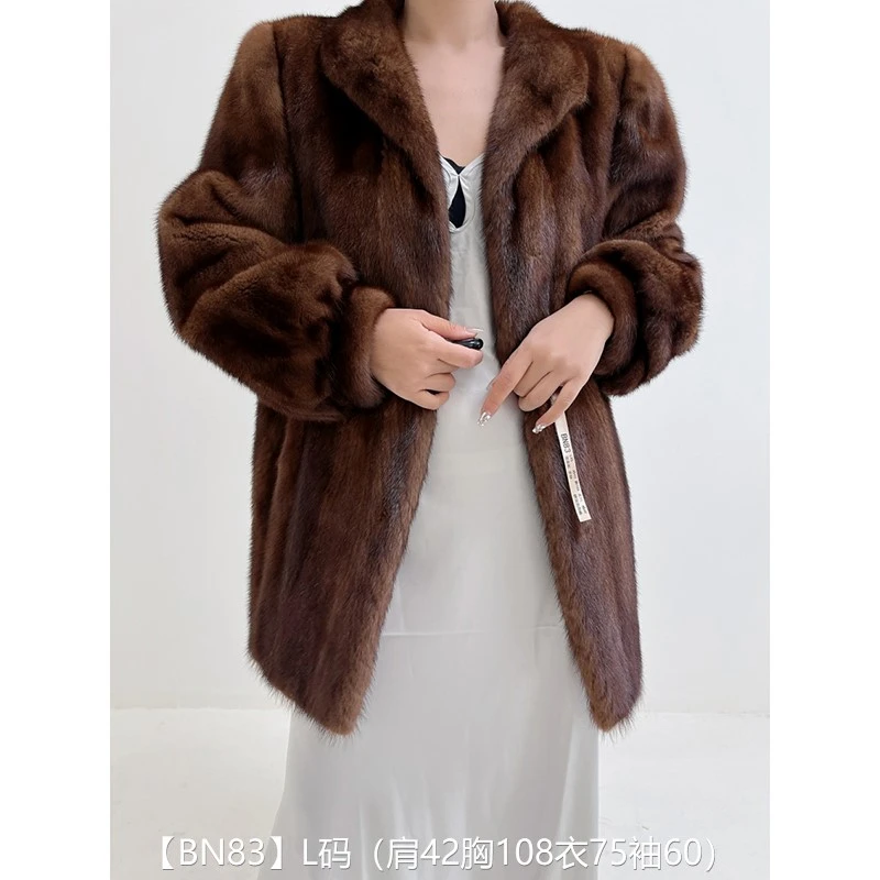 【BN83】L码 蜜茶棕全抽中长款貂皮大衣皮草外套 翻领泡泡袖