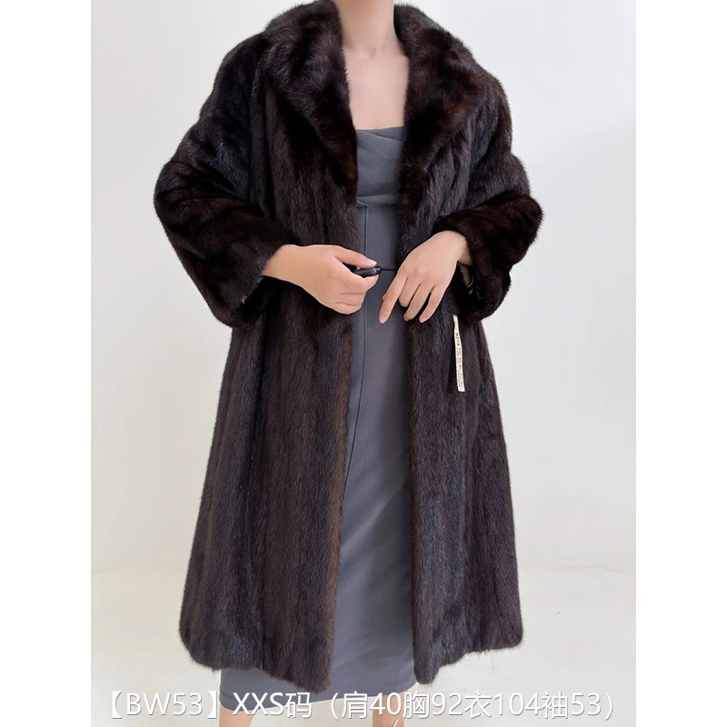 【BW53】XXS码 深棕色全抽长款貂皮大衣外套皮草 西装领直筒袖