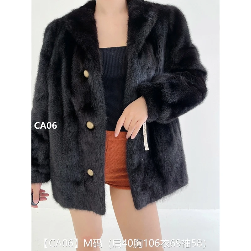 【CA06】M码 本黑色全抽短款貂皮大衣皮草外套 立领泡泡袖