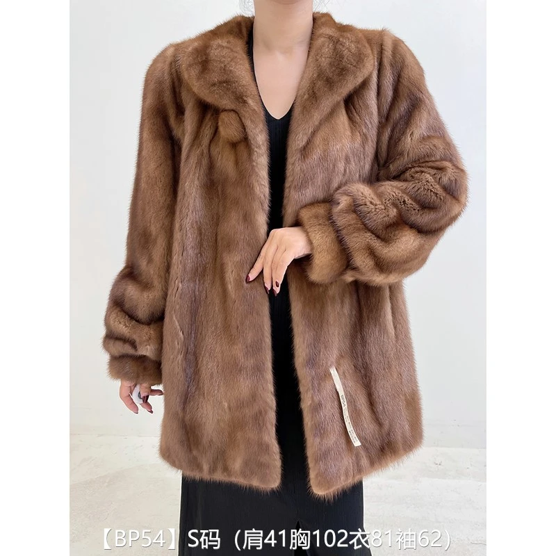 【BP54】S码 蜜茶棕全抽中长款貂皮大衣皮草外套 翻领泡泡袖