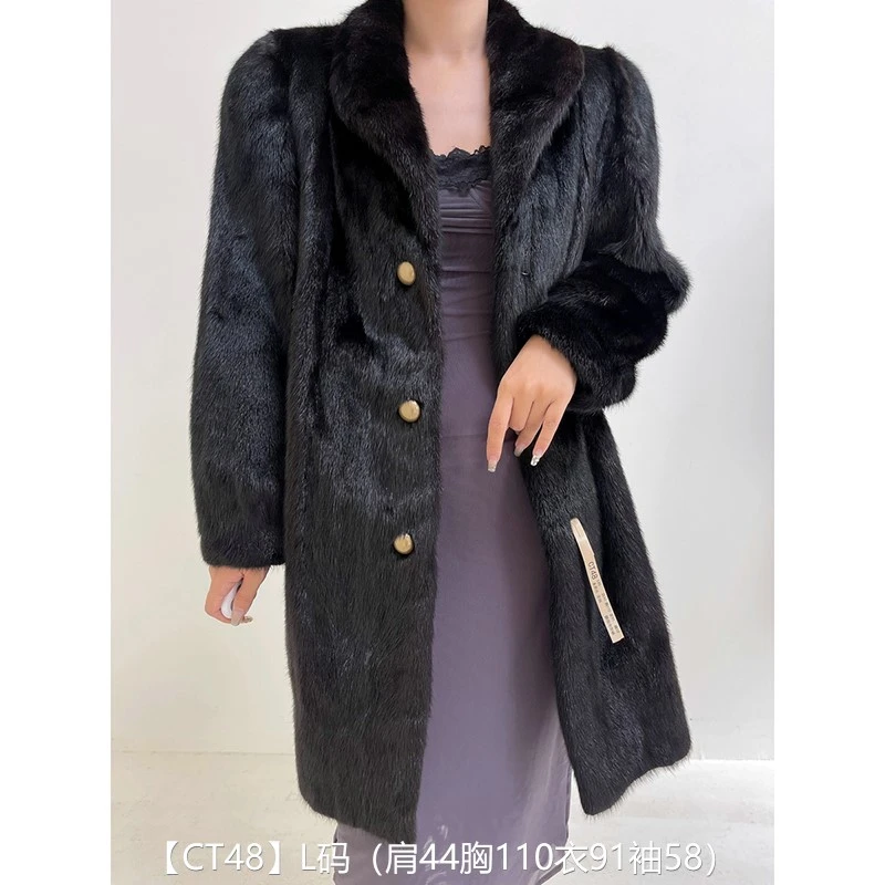【CT48】L码 本黑色全抽长款貂皮大衣皮草外套 翻领泡泡袖