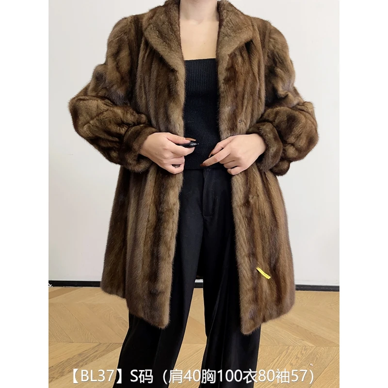 【BL37】S码 冷茶棕全抽中长款貂皮大衣皮草外套 翻领斜纹袖