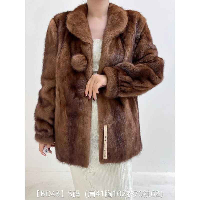 【BD43】S码 蜜茶棕全抽短款貂皮大衣皮草外套 翻立领泡泡袖