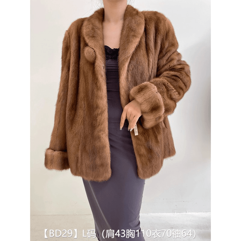 【BD29】L码 蜜茶棕全抽短款貂皮大衣中古皮草 翻立领挽袖