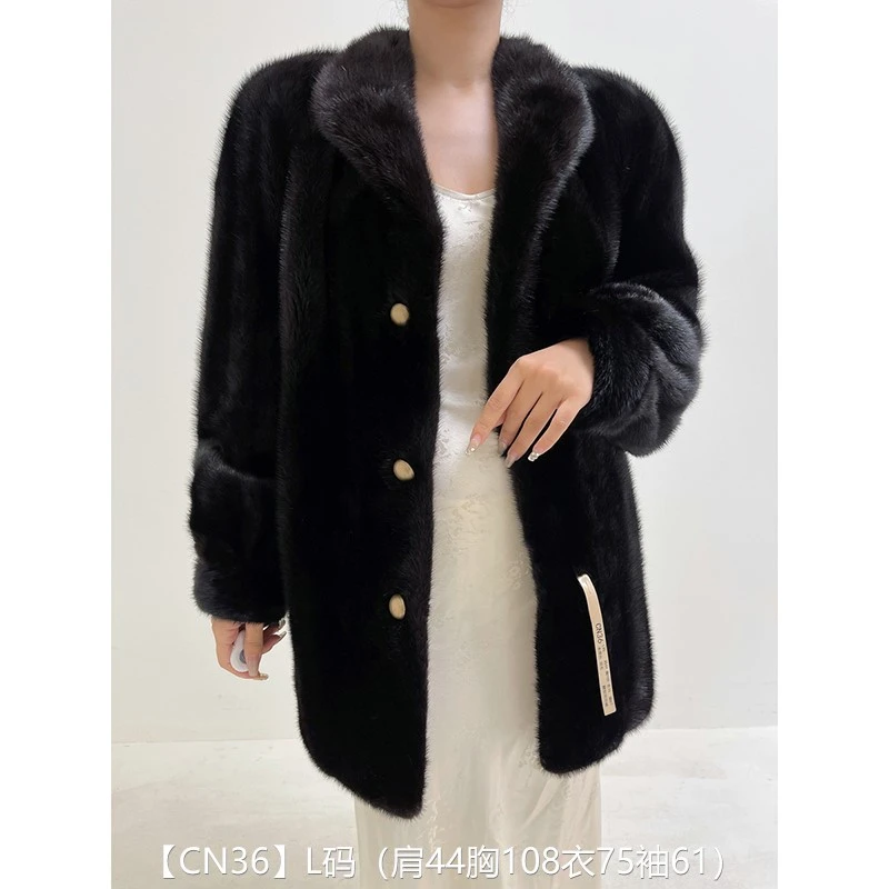 【CN36】L码 本黑色逆毛中长款貂皮大衣皮草外套 翻领泡泡袖