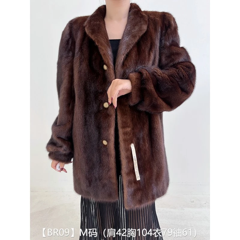【BR09】M码 焦糖棕全抽中长款貂皮大衣皮草外套 翻立领泡泡袖