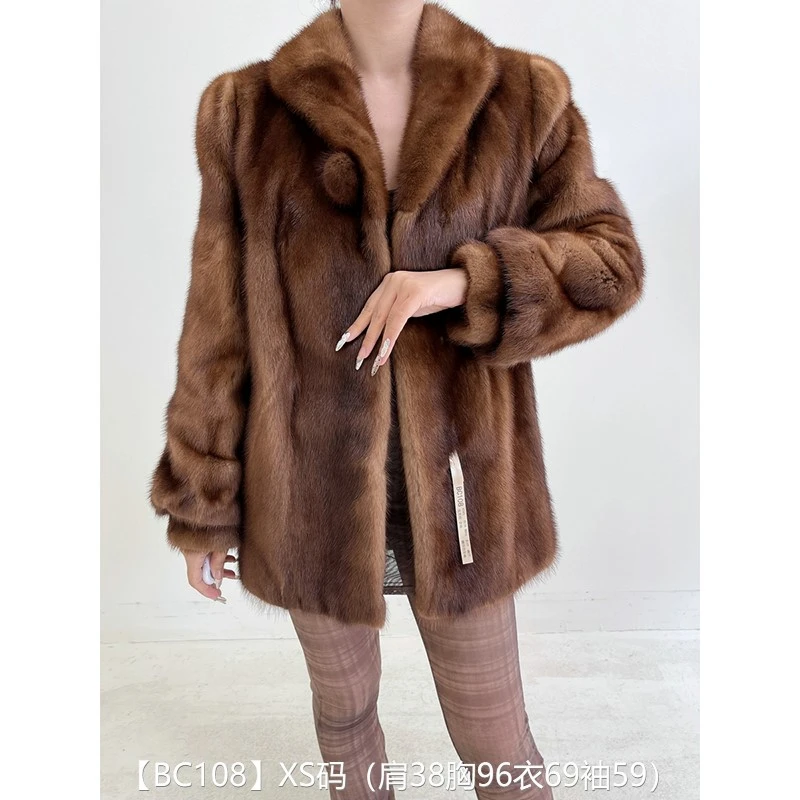 【BC108】XS码 蜜茶棕全抽短款貂皮大衣皮草外套 翻领泡泡袖