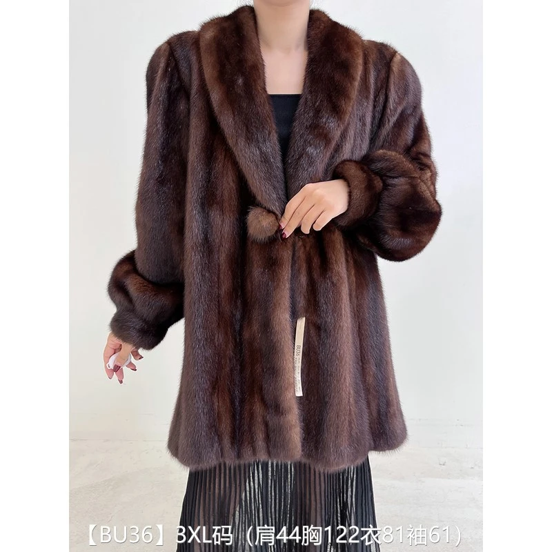 【BU36】3XL码 焦糖棕全抽中长款貂皮大衣皮草外套 睡袍领泡泡袖