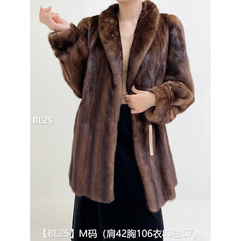 【BL25】M码 冷茶棕全抽中长款貂皮大衣皮草 青果领斜纹袖