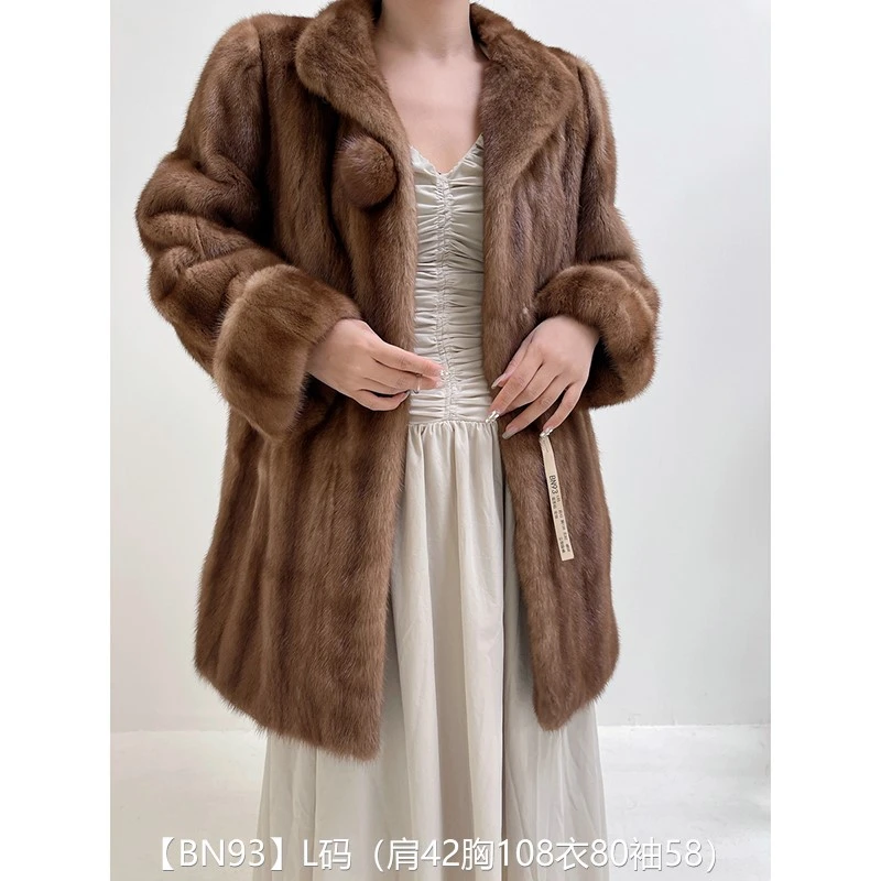 【BN93】L码 蜜茶棕全抽中长款貂皮大衣中古皮草 立领挽袖