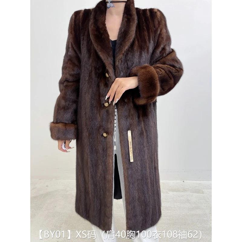 【BY01】S码 焦糖棕全抽超长款貂皮大衣皮草外套 翻领挽袖
