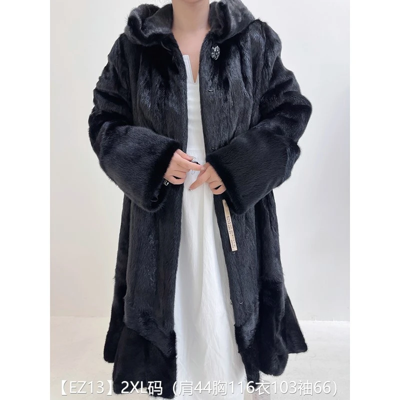 【EZ13】2XL码 纯黑色整皮长款貂皮大衣皮草外套 连帽直筒袖