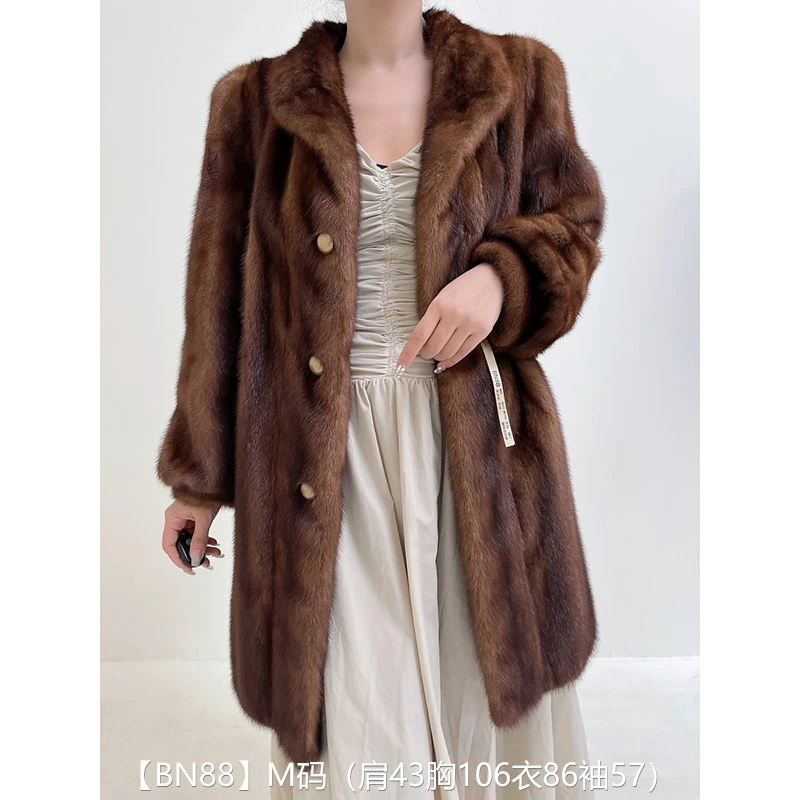【BN88】M码 蜜茶棕全抽中长款貂皮大衣皮草外套 翻领泡泡袖