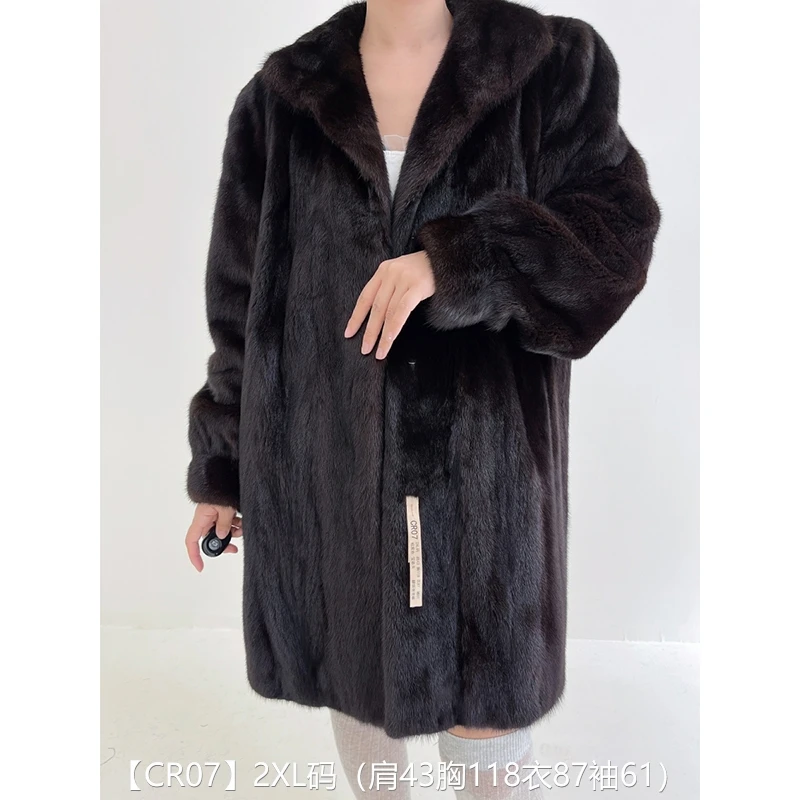 【CR07】2XL码 棕黑色宝嘉美中长款貂皮大衣皮草中古 翻领泡泡袖