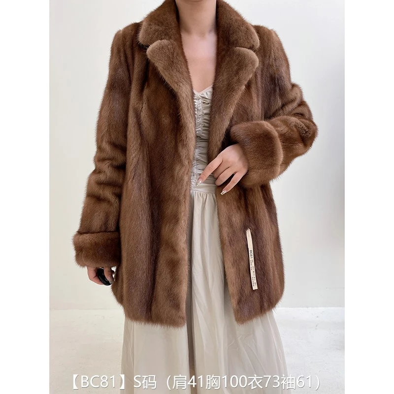 【BC81】S码 蜜茶棕全抽短款貂皮大衣皮草外套 西装领挽袖