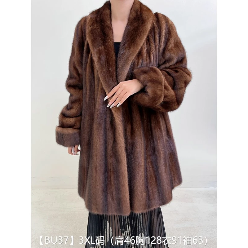 【BU37】3XL码 蜜茶棕全抽长款貂皮大衣皮草外套 睡袍领挽袖