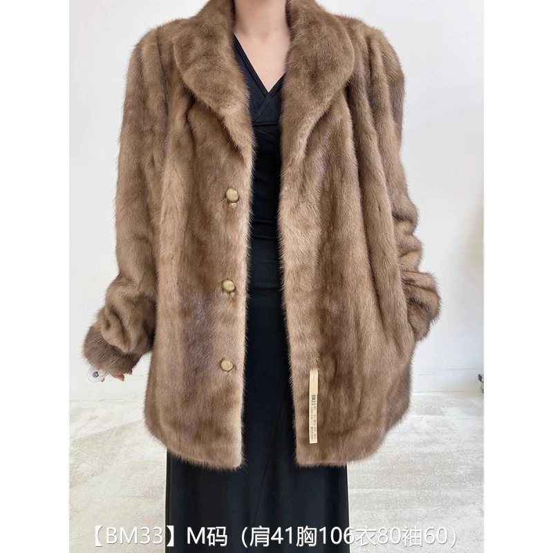 【BM33】M码 冷茶棕全抽中长款貂皮大衣皮草外套 翻领泡泡袖