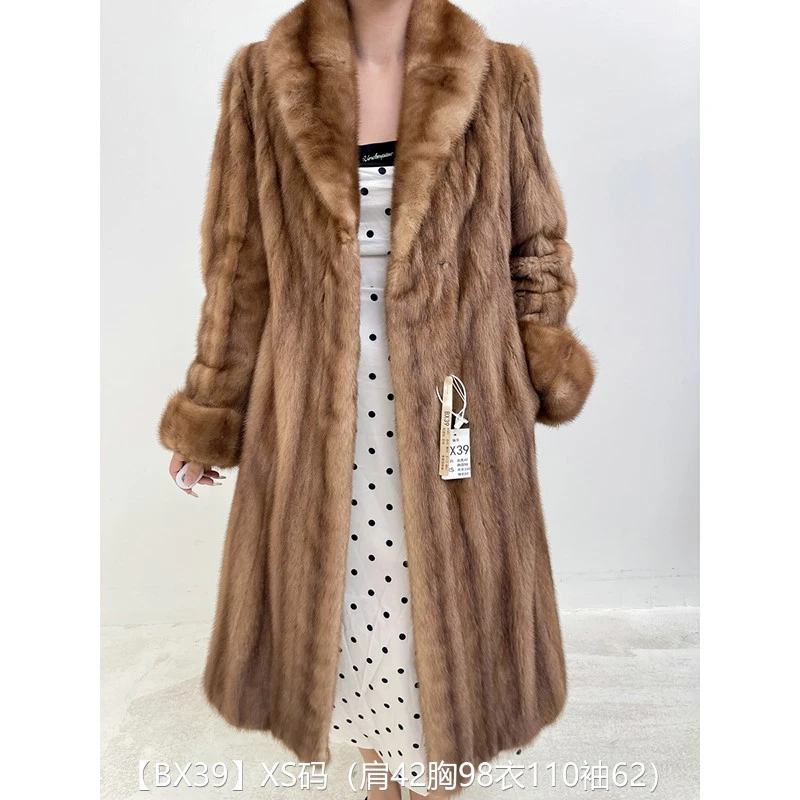 【BX39】XS码 奶茶棕全抽超长款貂皮大衣皮草外套 青果领挽袖