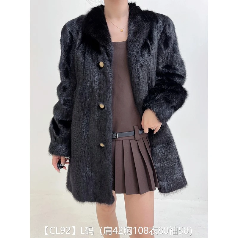 【CL92】L码  红黑色全抽中长款貂皮大衣皮草外套 翻立领泡泡袖