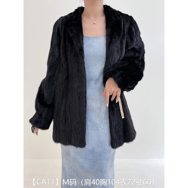 【CA11】M码 本黑色全抽短款貂皮大衣皮草外套 翻领泡泡袖