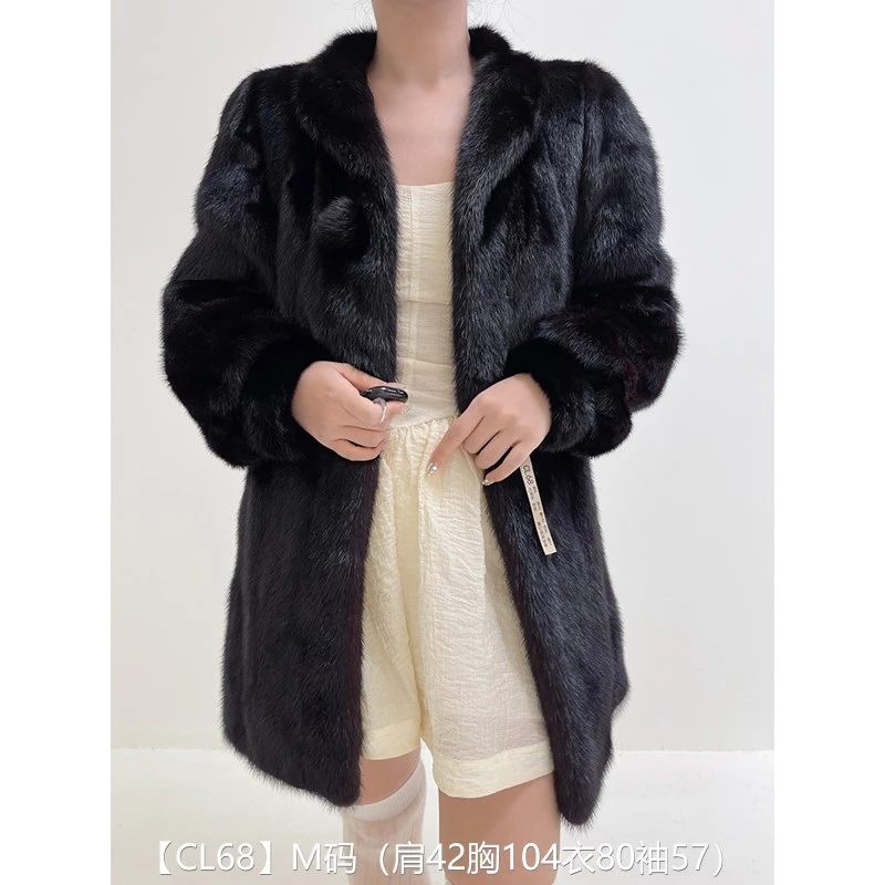 【CL68】M码 红黑色全抽中长款貂皮大衣皮草外套 翻立领泡泡袖