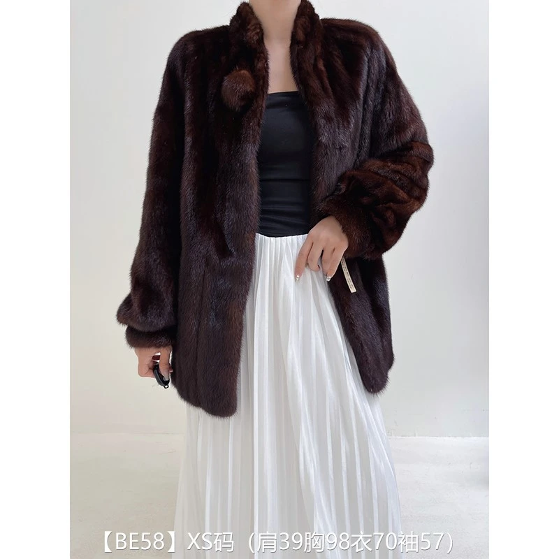 【BE58】XS码 焦糖棕全抽短款貂皮大衣皮草外套 立领泡泡袖